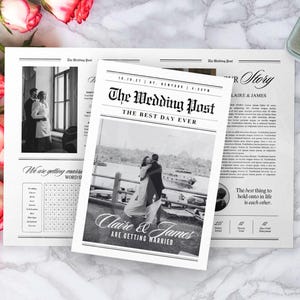 May include: A wedding newspaper with the headline "The Wedding Post" and the text "The Best Day Ever." The newspaper features black and white photos of a couple and the words "Claire & James are getting married."