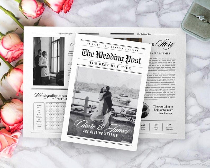 May include: A wedding newspaper with the headline "The Wedding Post" and the text "The Best Day Ever." The newspaper features black and white photos of a couple and the words "Claire & James are getting married."