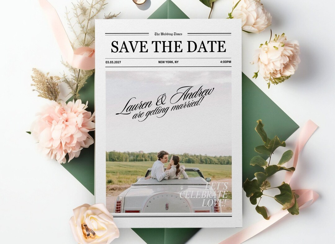 Canva Newspaper Save the Date Template, Large Save the Date Newspaper