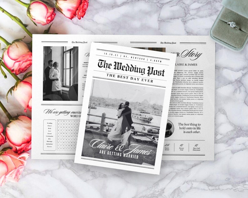 Großes Zeitungs-Hochzeitsprogramm, Canva-Hochzeitszeitungsvorlage, Zeitungsclub-Tabloid-Vorlage, gefaltete große Hochzeitstag-Zeitung, 110 Bild 9