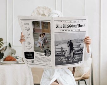 Grote krant bruiloft programma, Canva bruiloft krant sjabloon, krant Club Tabloid sjabloon, gevouwen grote trouwdag krant, 110