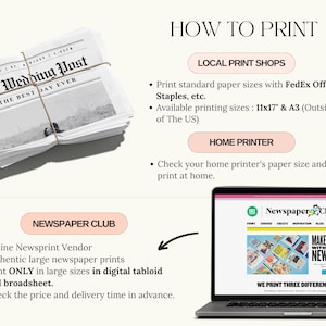 May include: A stack of newspapers tied with twine, with the headline "The Wedding Post." The image also includes text about printing options: local print shops, home printers, and an online newspaper vendor.