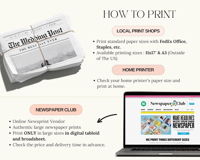 May include: A stack of newspapers tied with twine, with the headline "The Wedding Post." The image also includes text about printing options: local print shops, home printers, and an online newspaper vendor.