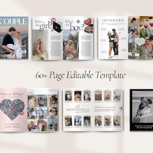 May include: A layout of a couple's magazine cover, brochures, and photo displays. The magazine cover reads "COUPLE" with a photo of a couple. The brochures have text like "Who's that girl?" and "Who's that boy?" with photos. The text "60+ Page Editable Template" is also visible.