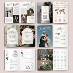 May include: A multi-page wedding invitation suite with a minimalist design. The pages feature photos, text, and graphics, including a timeline, menu, and seating chart. The text includes "Our Love Story", "The Proposal", and "Find Your Seat".