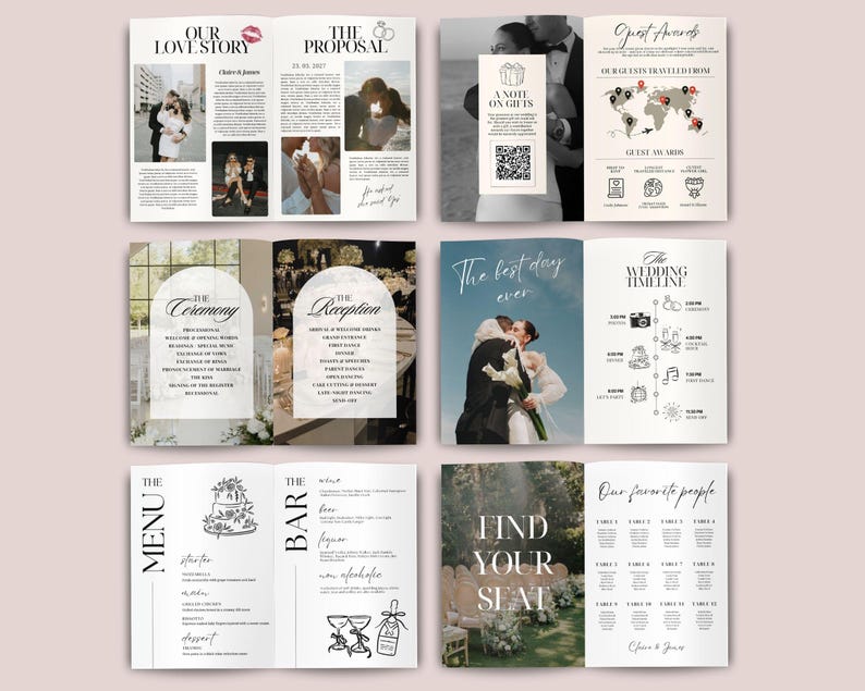 May include: A multi-page wedding invitation suite with a minimalist design. The pages feature photos, text, and graphics, including a timeline, menu, and seating chart. The text includes "Our Love Story", "The Proposal", and "Find Your Seat".