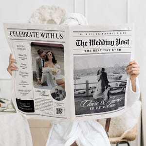 May include: A newspaper-style wedding announcement titled "The Wedding Post" with the headline "The Best Day Ever." The announcement features photos of the couple, wedding details, and the text "Claire & James are getting married."
