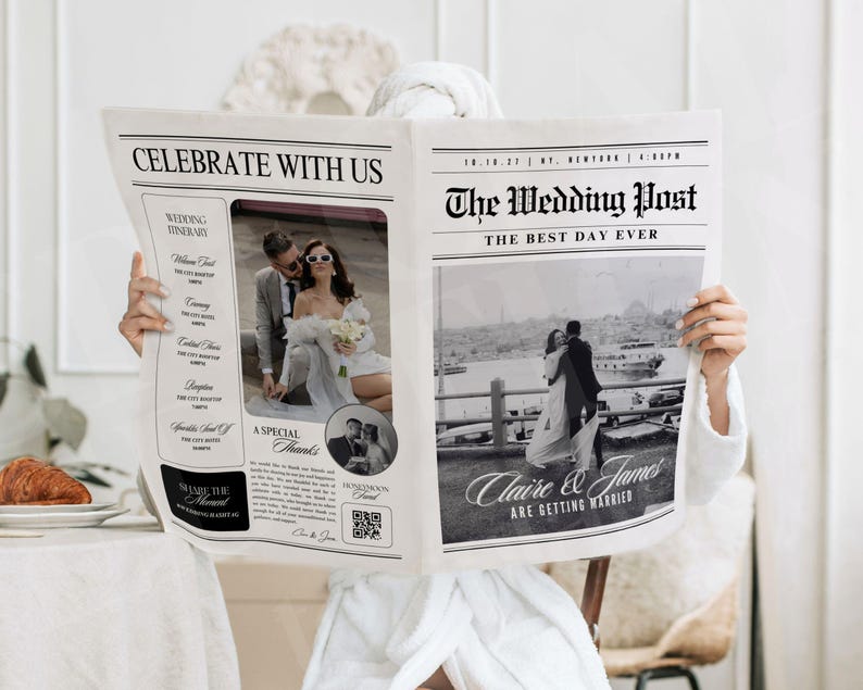 May include: A newspaper-style wedding announcement titled "The Wedding Post" with the headline "The Best Day Ever." The announcement features photos of the couple, wedding details, and the text "Claire & James are getting married."