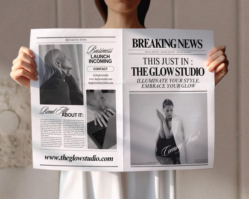 Op de afbeelding: Een zwart-witte krantenadvertentie voor een nieuw bedrijf genaamd "The Glow Studio". De kop luidt "Zojuist binnen: The Glow Studio. Verlicht je stijl, omarm je glow." De advertentie bevat een foto van een vrouw met een stralende huid en de tekst "Komt binnenkort!"