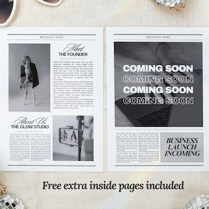 Op de afbeelding: Een zwart-witte krantenmockup met de kop "Breaking News" en de tekst "Meet The Founder" en "About Us The Glow Studio". De rechterkant van de krant heeft de tekst "Coming Soon" vier keer herhaald en "Business Launch Incoming".