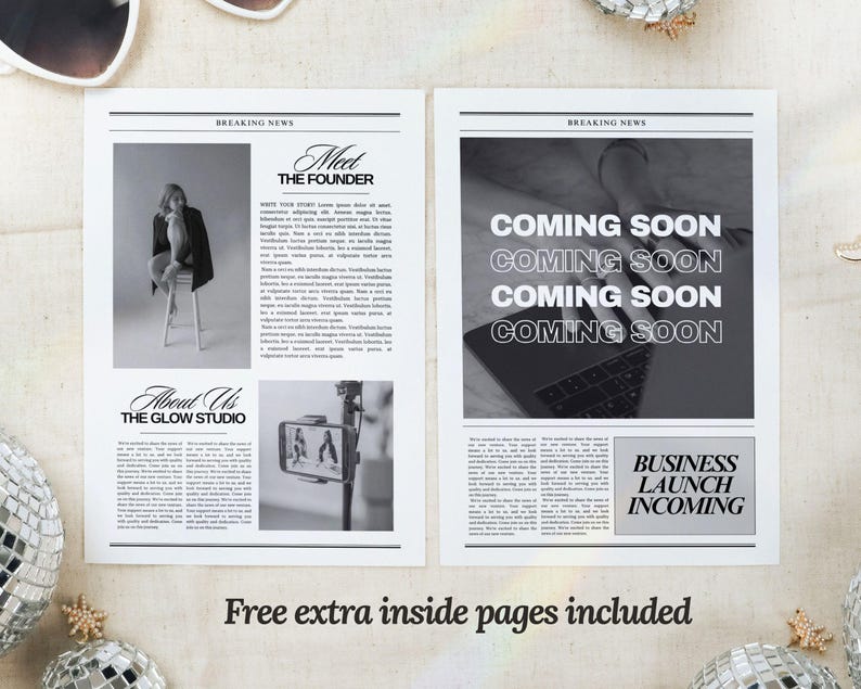 Op de afbeelding: Een zwart-witte krantenmockup met de kop "Breaking News" en de tekst "Meet The Founder" en "About Us The Glow Studio". De rechterkant van de krant heeft de tekst "Coming Soon" vier keer herhaald en "Business Launch Incoming".