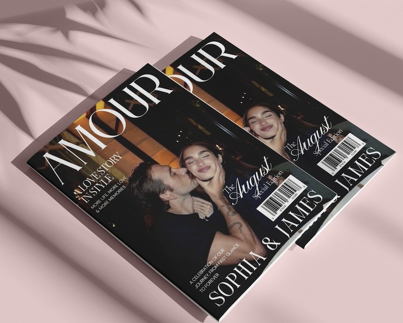 May include: Two magazines titled "AMOUR" and "The August Special Edition" are displayed. The cover features a couple kissing, with text reading "A Love Story In Style" and "Sophia & James". The background is a soft pink.