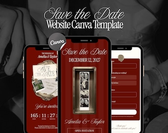 Burgundy Photo Booth Wedding Website, Save The Date Canva Template, Old Money Video Invitation with RSVP (Digital Download)