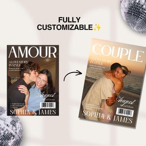 Puede incluir: Dos portadas de revista rectangulares tituladas AMOUR y COUPLE, con fotograf&iacute;as de una pareja. El texto dice FULLY CUSTOMIZABLE, A LOVE STORY IN STYLE, MORE LIFE, MORE LOVE & MORE MEMORIES, AUGUST SPECIAL EDITION y SOPHIA & JAMES.