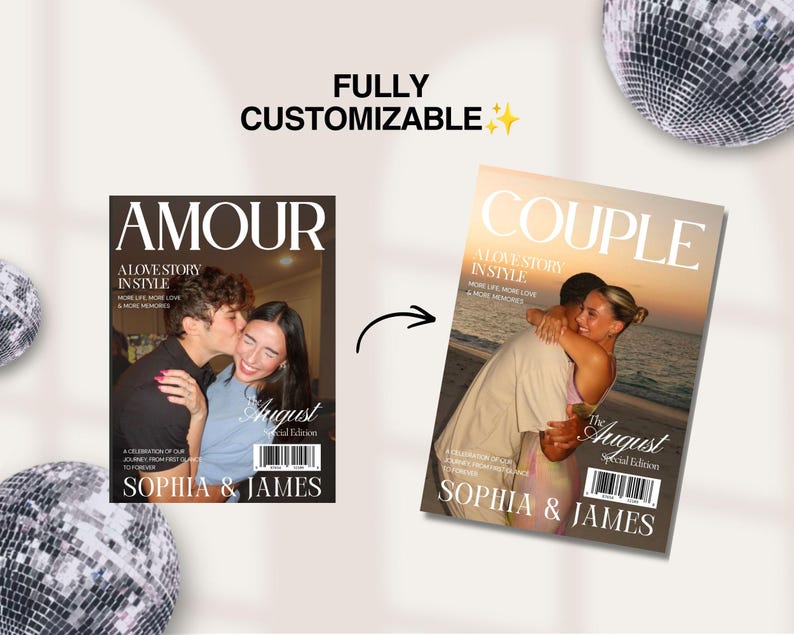 Puede incluir: Dos portadas de revista rectangulares tituladas AMOUR y COUPLE, con fotograf&iacute;as de una pareja. El texto dice FULLY CUSTOMIZABLE, A LOVE STORY IN STYLE, MORE LIFE, MORE LOVE & MORE MEMORIES, AUGUST SPECIAL EDITION y SOPHIA & JAMES.