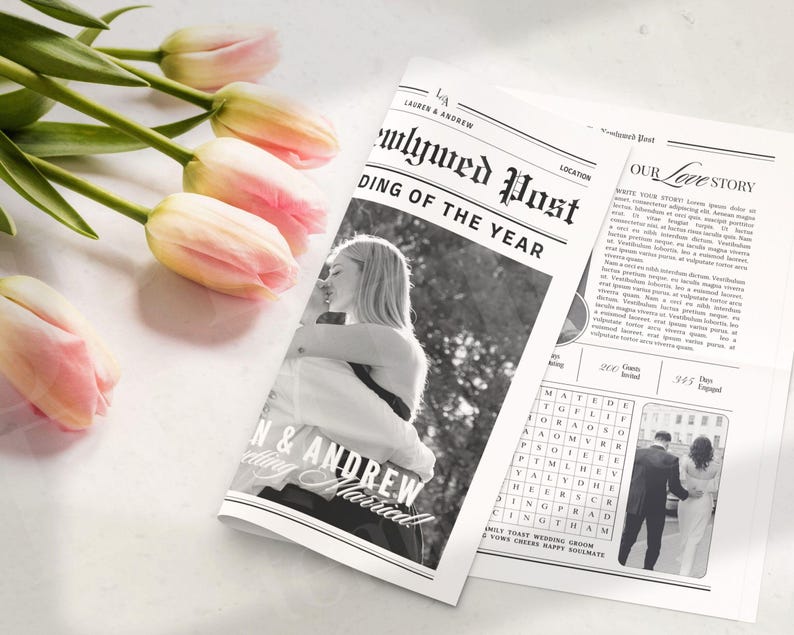 Large Newspaper Wedding Program, Canva Wedding Newspaper Template, Newspaper Club Tabloid Template, Folded Large Wedding Day Newspaper, 078 image 2