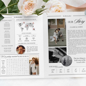 May include: A wedding newspaper-style announcement with the headline "The Wedding Best." The layout includes sections for the wedding party, guest locations, and a word search. Photos of the couple and text are included.
