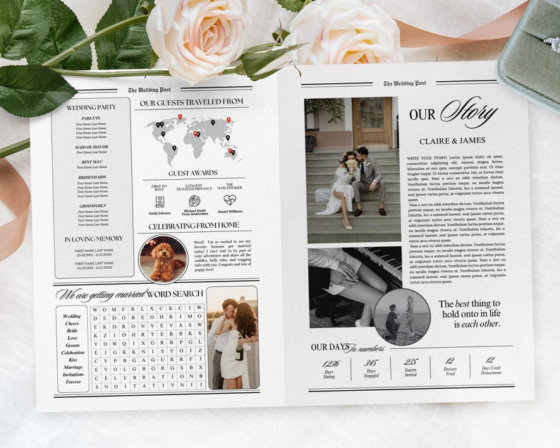 May include: A wedding newspaper-style announcement with the headline "The Wedding Best." The layout includes sections for the wedding party, guest locations, and a word search. Photos of the couple and text are included.
