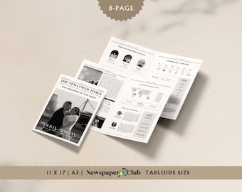 8-page Wedding Newspaper,  Canva Newspaper Wedding Program, Editable Wedding Day Newspaper Tabloid Template, Newspaper club template, 054