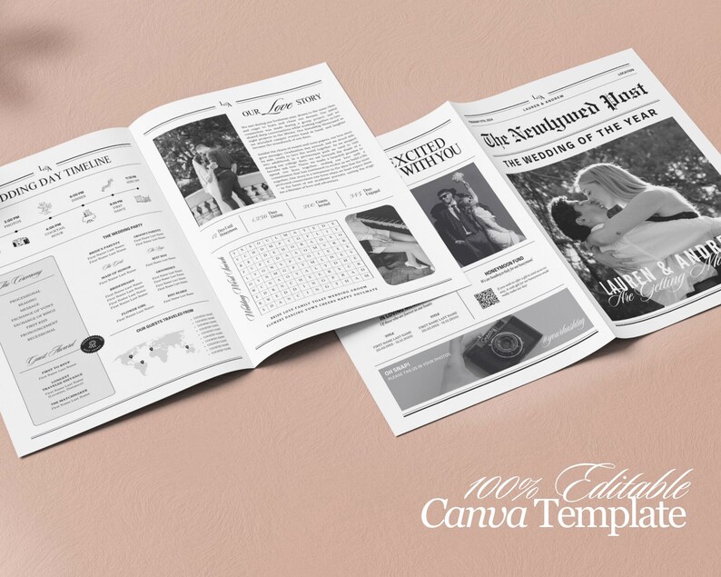 Large Newspaper Wedding Program, Canva Wedding Newspaper Template, Newspaper Club Tabloid Template, Folded Large Wedding Day Newspaper, 078 image 6