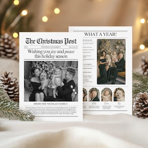 一年を振り返るクリスマスカード新聞テンプレート、What A Year ホリデーニュースレターカード、編集可能なクリスマスニュースレター、Canva テンプレート、266