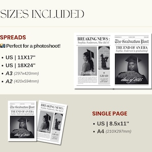 May include: A graduation announcement design with a newspaper theme. The spreads are available in 11x17 and 18x24 inches, and the single page is available in 8.5x11 inches. The design includes the text "BREAKING NEWS" and "The Graduation Post". A3 (297x420mm) and A4 (210x297mm) sizes are also available.