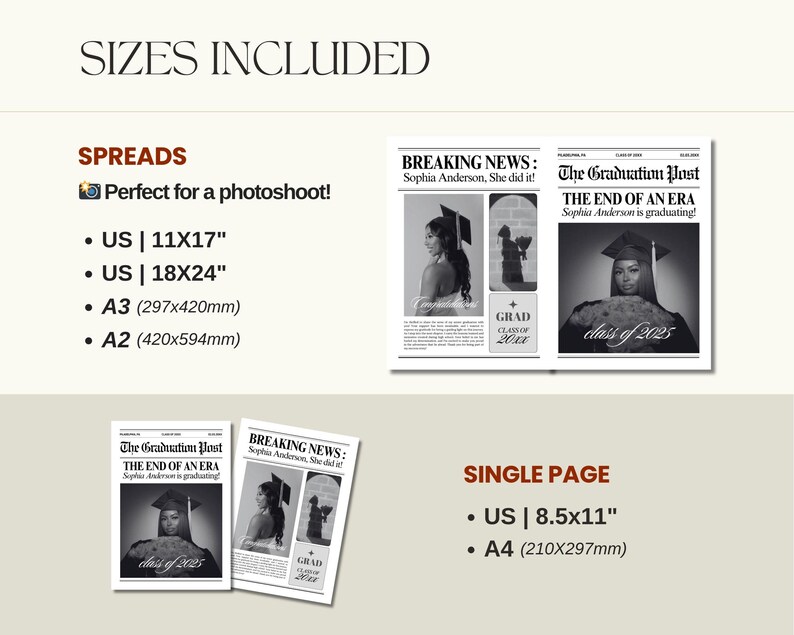 May include: A graduation announcement design with a newspaper theme. The spreads are available in 11x17 and 18x24 inches, and the single page is available in 8.5x11 inches. The design includes the text "BREAKING NEWS" and "The Graduation Post". A3 (297x420mm) and A4 (210x297mm) sizes are also available.