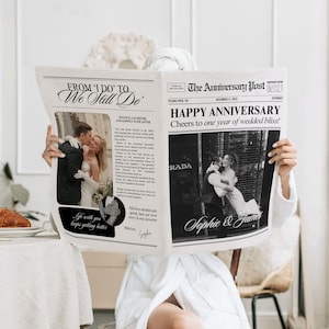 Plantilla de periódico de aniversario de bodas, regalo de aniversario de 1 año para el esposo, tarjeta de primer aniversario, boletín de aniversario de bodas, 214
