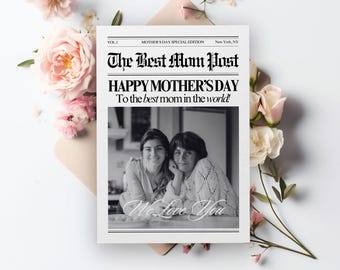 Canva mothers day newspaper template, Editable moms day card, Printable gift for mom, Newspaper flower bouquet wrap, First time mom, 154