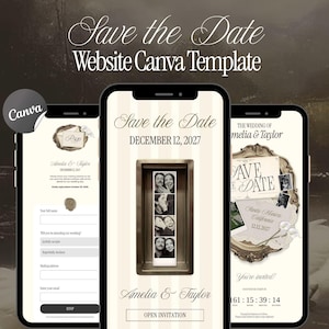 May include: Three smartphones displaying a Save the Date website Canva template. The screens show wedding invitation details, including the text Save the Date, December 12, 2027, Amelia & Taylor, and an RSVP form with a photo booth strip graphic.