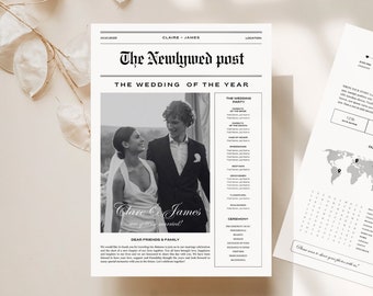 2 sided Canva Wedding Newspaper Template, Editable Newspaper Wedding Program, Custom Wedding Day Post Template Canva, Newlywed times, 065