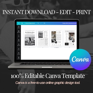 May include: A laptop displays a wedding newspaper template with the text "INSTANT DOWNLOAD - EDIT - PRINT". The Canva logo is visible. The text "100% Editable Canva Template" and "Canva is a free-to-use online graphic design tool" are also present.