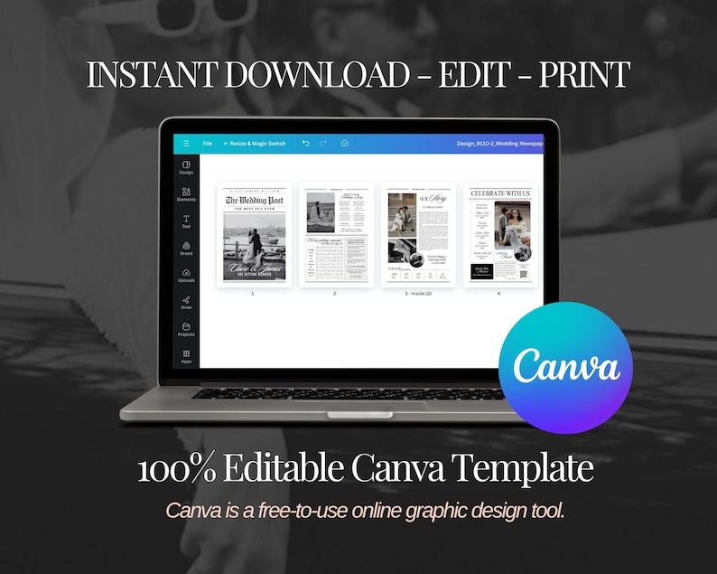 May include: A laptop displays a wedding newspaper template with the text "INSTANT DOWNLOAD - EDIT - PRINT". The Canva logo is visible. The text "100% Editable Canva Template" and "Canva is a free-to-use online graphic design tool" are also present.
