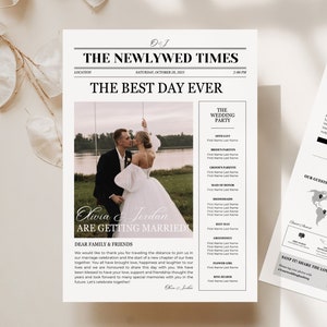 Può includere: Un annuncio di matrimonio in stile giornale con una foto della coppia su un'altalena. Il titolo principale è "The Newlywed Times" e il sottotitolo è "The Best Day Ever". L'annuncio include i nomi della coppia, "Olivia & Jordan", e la data del matrimonio, "Sabato 26 ottobre 2023".
