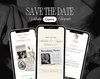 Newspaper Wedding Website Canva Template, Ivory Old Money Save the Date, Editable RSVP (Digital Download)