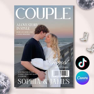 May include: Magazine cover titled "COUPLE" featuring a couple embracing on a pier. The cover includes text: "A LOVE STORY IN STYLE," "MORE LIFE, MORE LOVE & MORE MEMORIES," and "SOPHIA & JAMES." The August Special Edition.