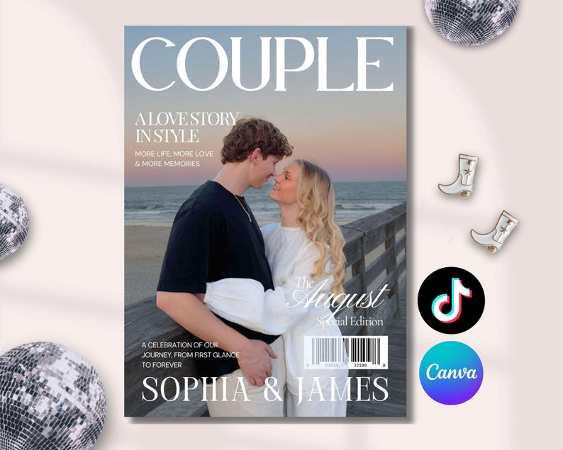 May include: Magazine cover titled "COUPLE" featuring a couple embracing on a pier. The cover includes text: "A LOVE STORY IN STYLE," "MORE LIFE, MORE LOVE & MORE MEMORIES," and "SOPHIA & JAMES." The August Special Edition.