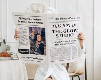Sjabloon Canva-bedrijfskrant, bewerkbare grote krantenaankondiging, aangepaste krant voor branding fotoshoot, instant download, 108