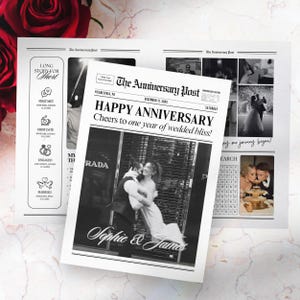 Plantilla de periódico de aniversario de bodas, regalo de aniversario de 1 año para el esposo, tarjeta de primer aniversario, boletín de aniversario de bodas, 214