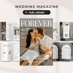 May include: A wedding magazine titled "FOREVER" with a cover photo of a kissing couple. The magazine includes the text "The wedding of the year" and "BEST DAY EVER". Other pages display wedding-related content and details.