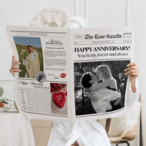 Modello di giornale per il primo anniversario, regalo di anniversario di 1 anno per il fidanzato, newsletter per l'anniversario di matrimonio, regali di carta modificabili per lui