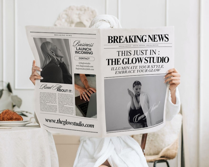Op de afbeelding: Een zwart-witte krantenkop die de lancering van "The Glow Studio" aankondigt, een bedrijf dat mensen helpt hun stijl te verlichten en hun gloed te omarmen. De kop luidt "This Just In: The Glow Studio. Illuminate Your Style, Embrace Your Glow."