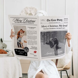 Plantilla de periódico navideño para parejas, regalo de Navidad editable para novio y él, regalos de pareja para Navidad, tarjeta de boletín imprimible