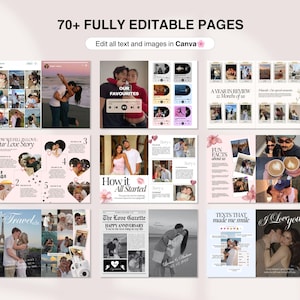 Puede incluir: Un conjunto de plantillas digitales con m&aacute;s de 70 p&aacute;ginas totalmente editables para Canva, que muestra varios dise&ntilde;os para &aacute;lbumes de fotos, historias de amor y recuerdos de aniversario con textos como Our Love Story y The Love Gazette.