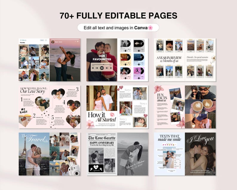 Puede incluir: Un conjunto de plantillas digitales con m&aacute;s de 70 p&aacute;ginas totalmente editables para Canva, que muestra varios dise&ntilde;os para &aacute;lbumes de fotos, historias de amor y recuerdos de aniversario con textos como Our Love Story y The Love Gazette.