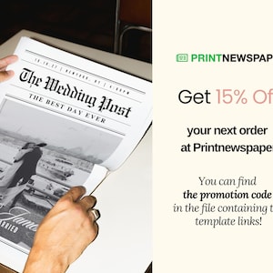 May include: A newspaper titled "The Wedding Post" with a black and white photo of a couple embracing. The headline reads "The Best Day Ever." The image also includes promotional text for Printnewspaper, offering a 15% discount.