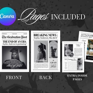 May include: A graduation announcement template with a newspaper theme. The design includes front and back pages, plus extra inside pages. The template features photos, headlines, and the text "The End of an Era" and "Breaking News".