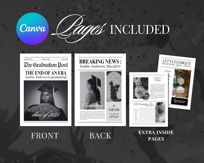 May include: A graduation announcement template with a newspaper theme. The design includes front and back pages, plus extra inside pages. The template features photos, headlines, and the text "The End of an Era" and "Breaking News".
