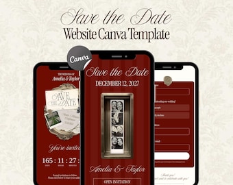 Photo Booth Save The Date, Canva Wedding Website Template, Video Invitation with RSVP, Burgundy Old Money Style (Digital Download)