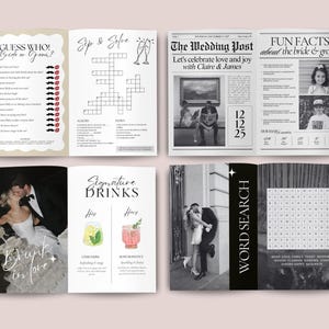 May include: A wedding activity book with various games and information. Pages include a "Guess Who" game, crossword puzzle, newspaper-style article, fun facts, signature drinks, and a word search. The book features a neutral color palette.